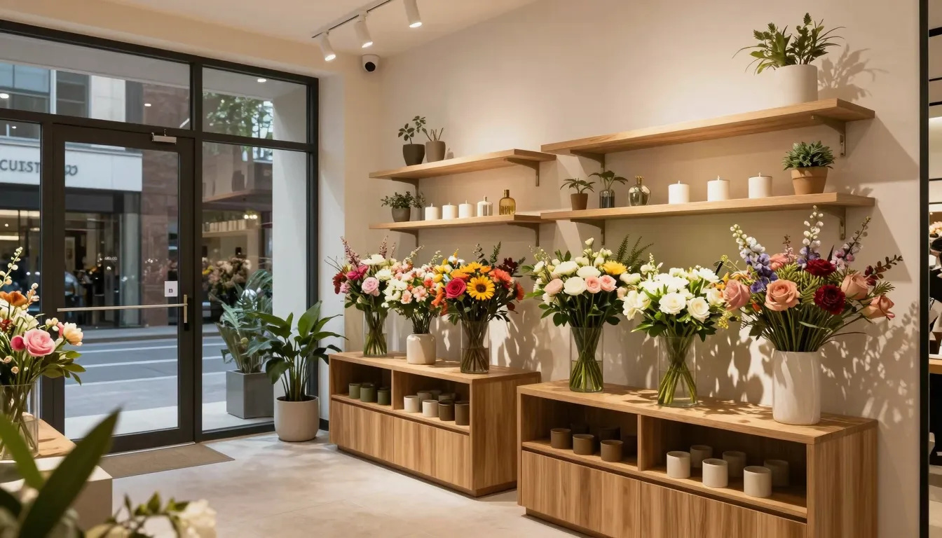 Modern and elegant flower shop interior, minimalist wooden s...