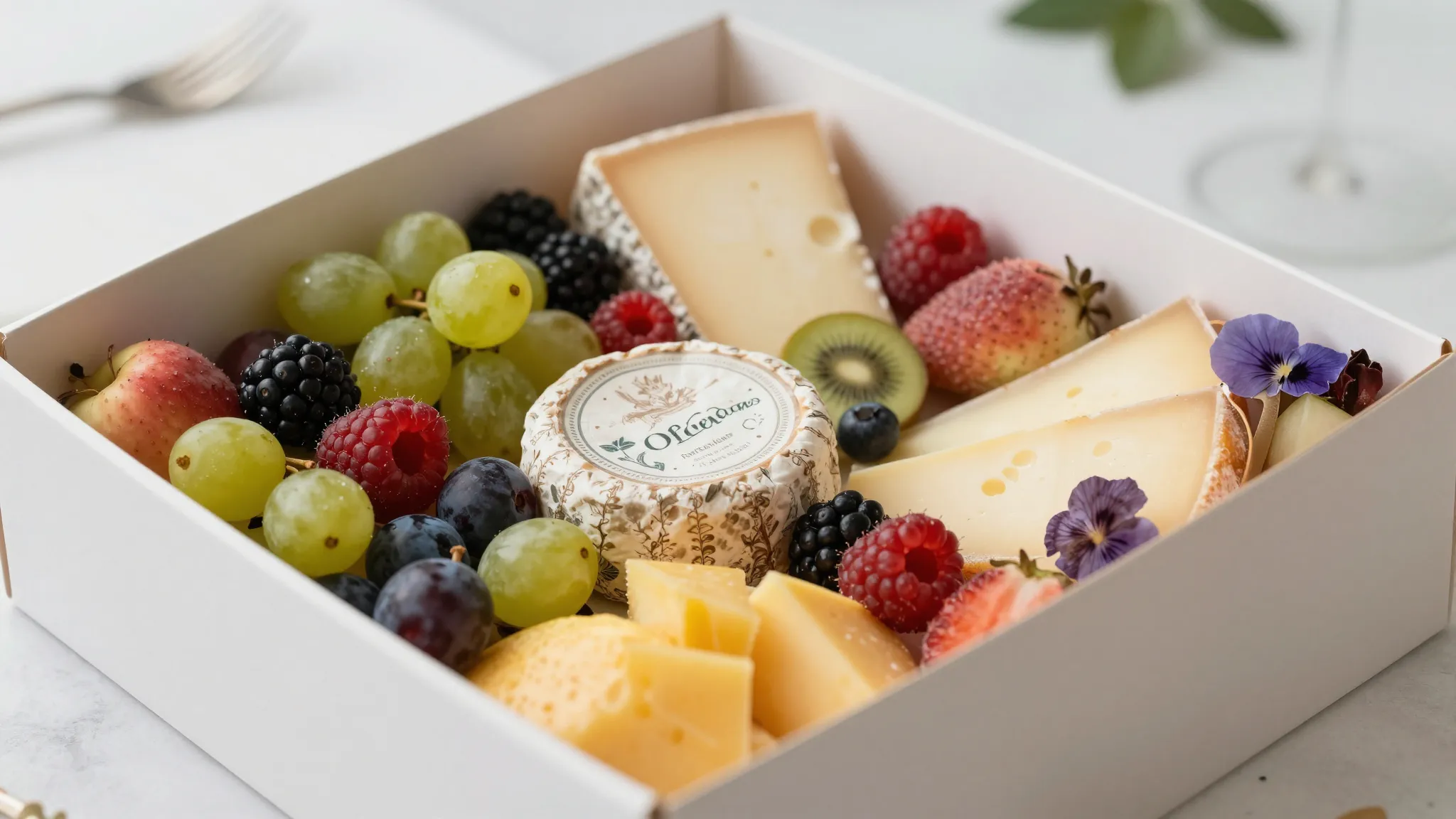 A close-up photo of a gourmet food box with fresh seasonal f...