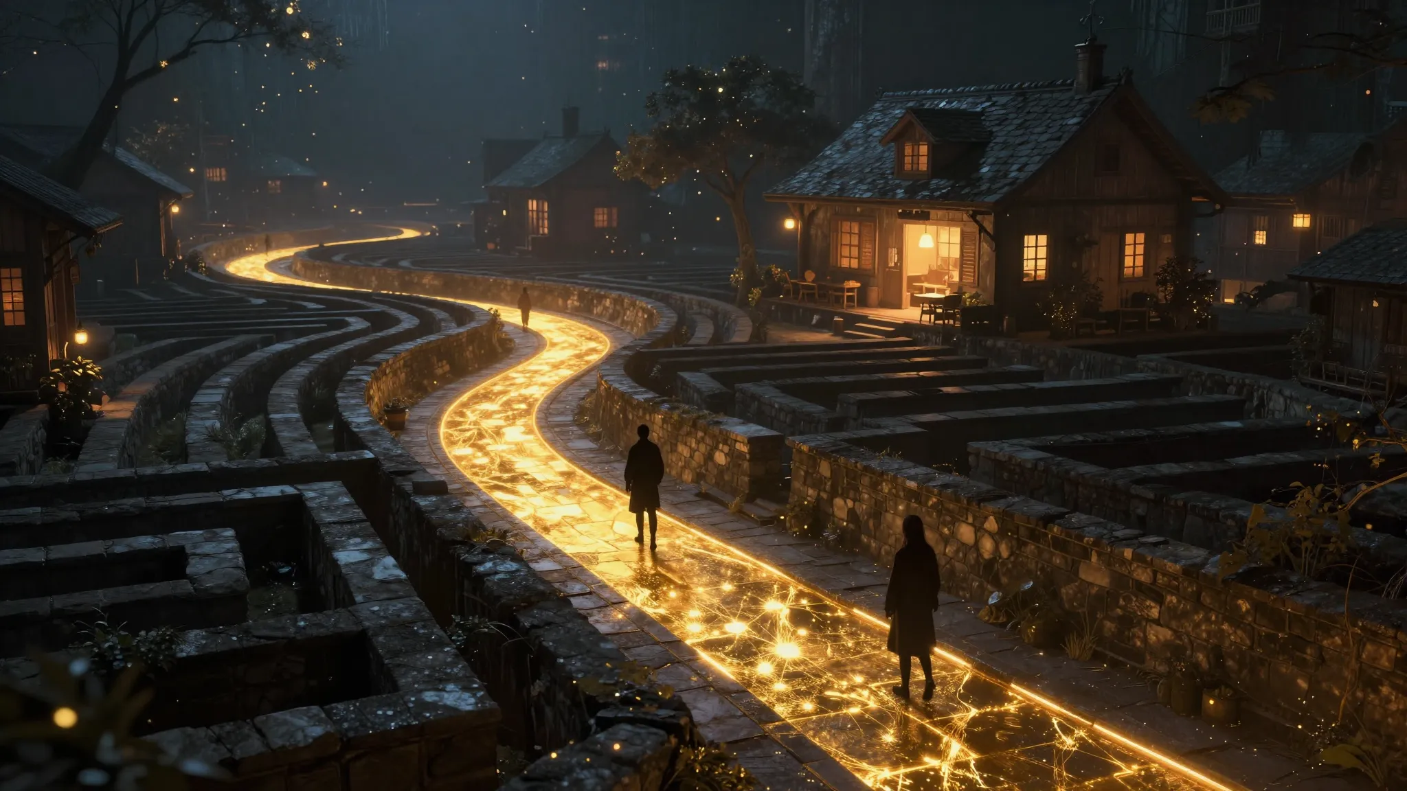Cinematic wide shot of a mystical night city with a labyrint...