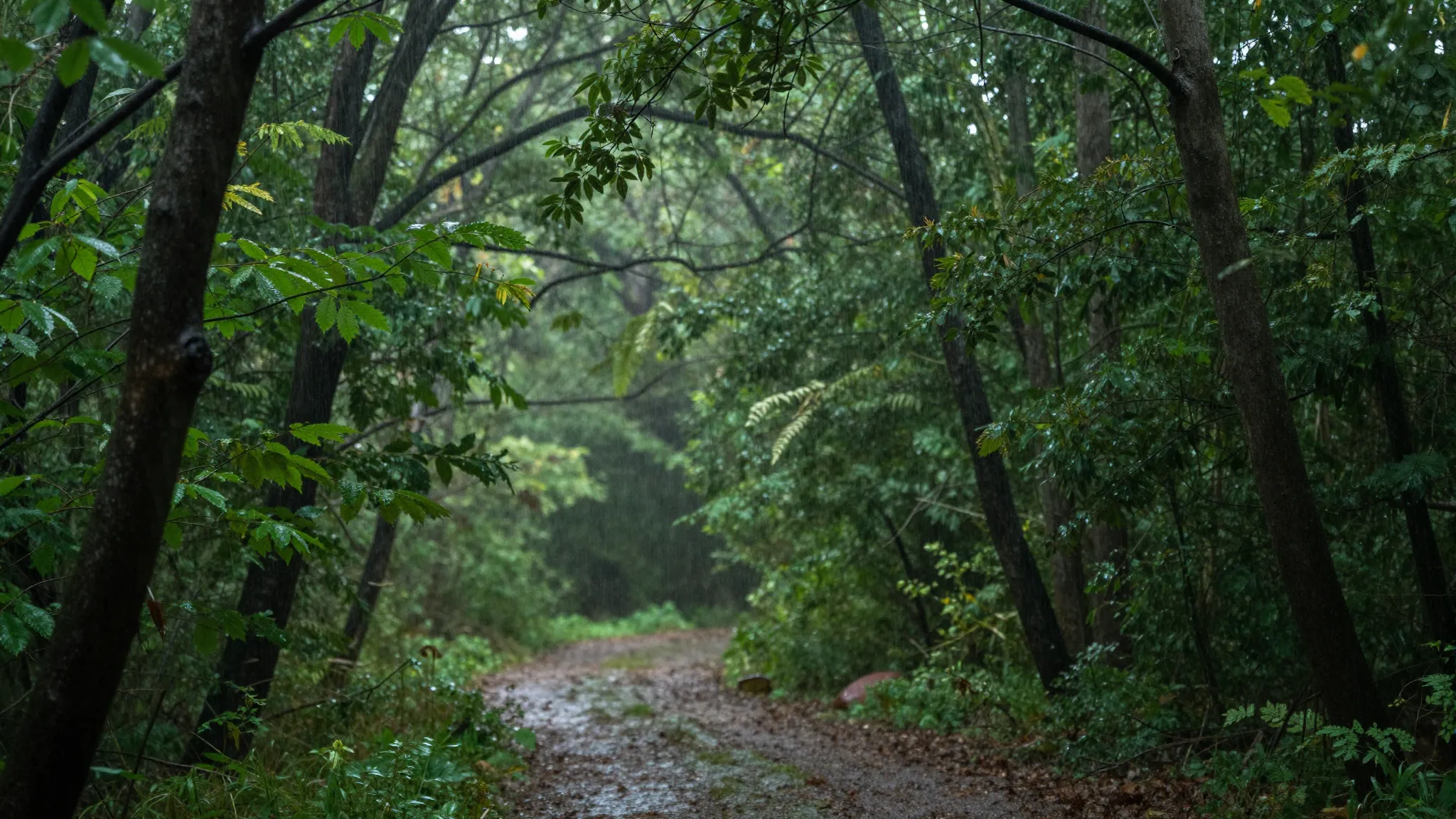 A serene forest after a rain, with soft light filtering thro...