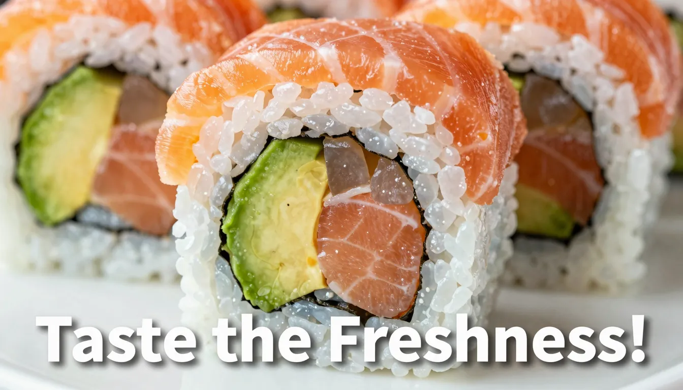 A close-up, mouth-watering shot of a perfectly rolled sushi,...