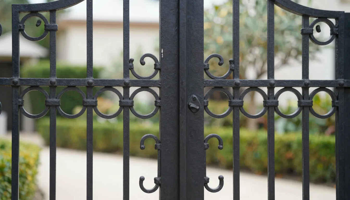 A close-up shot of a sophisticated wrought iron gate with in...