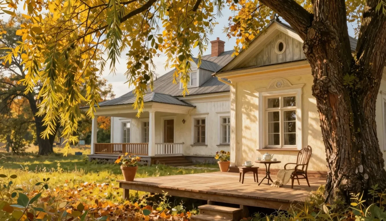 A serene Russian countryside estate in late summer, golden s...