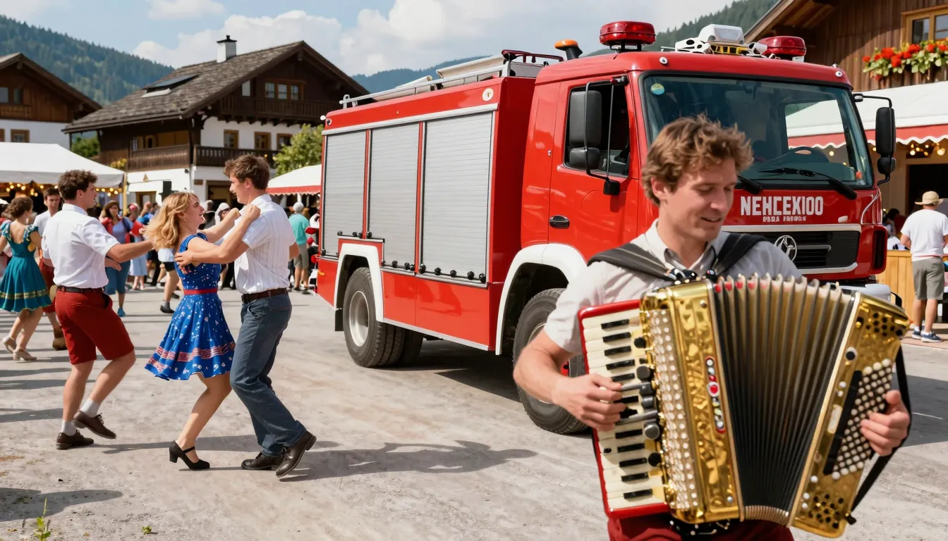 Energetic scene at a Slovenian village fair, a shiny red fir...