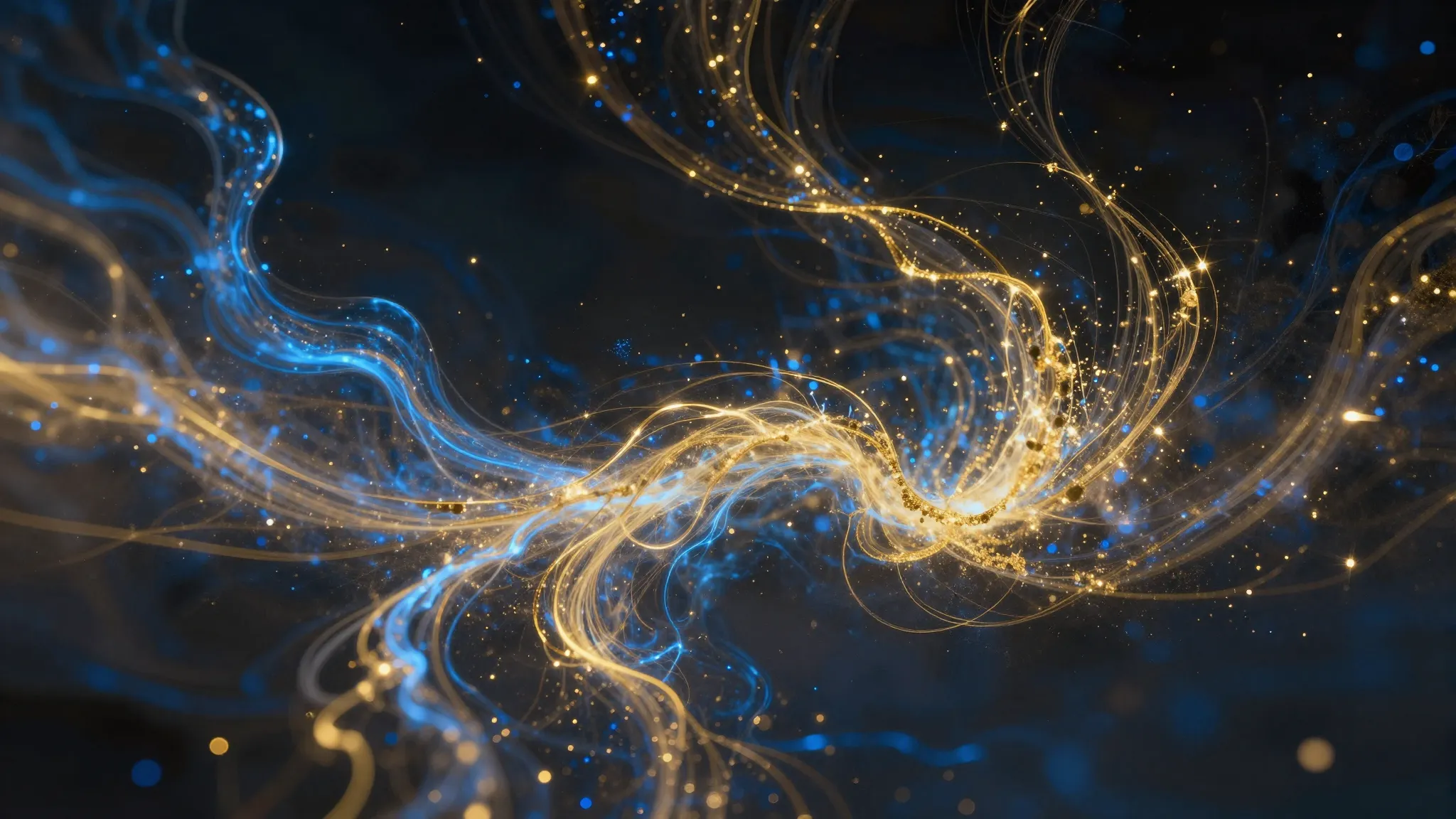 Ethereal golden and blue energy currents flowing through a d...