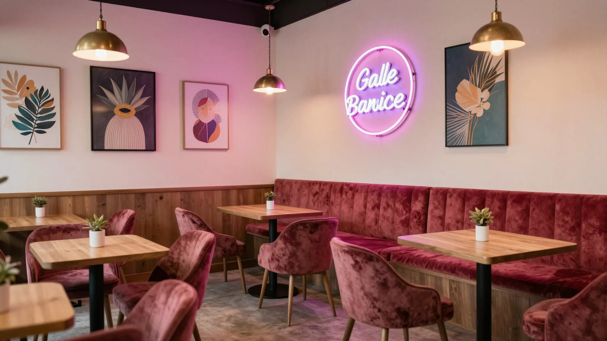 A cozy cafe interior with neon signs, velvet chairs, and art...