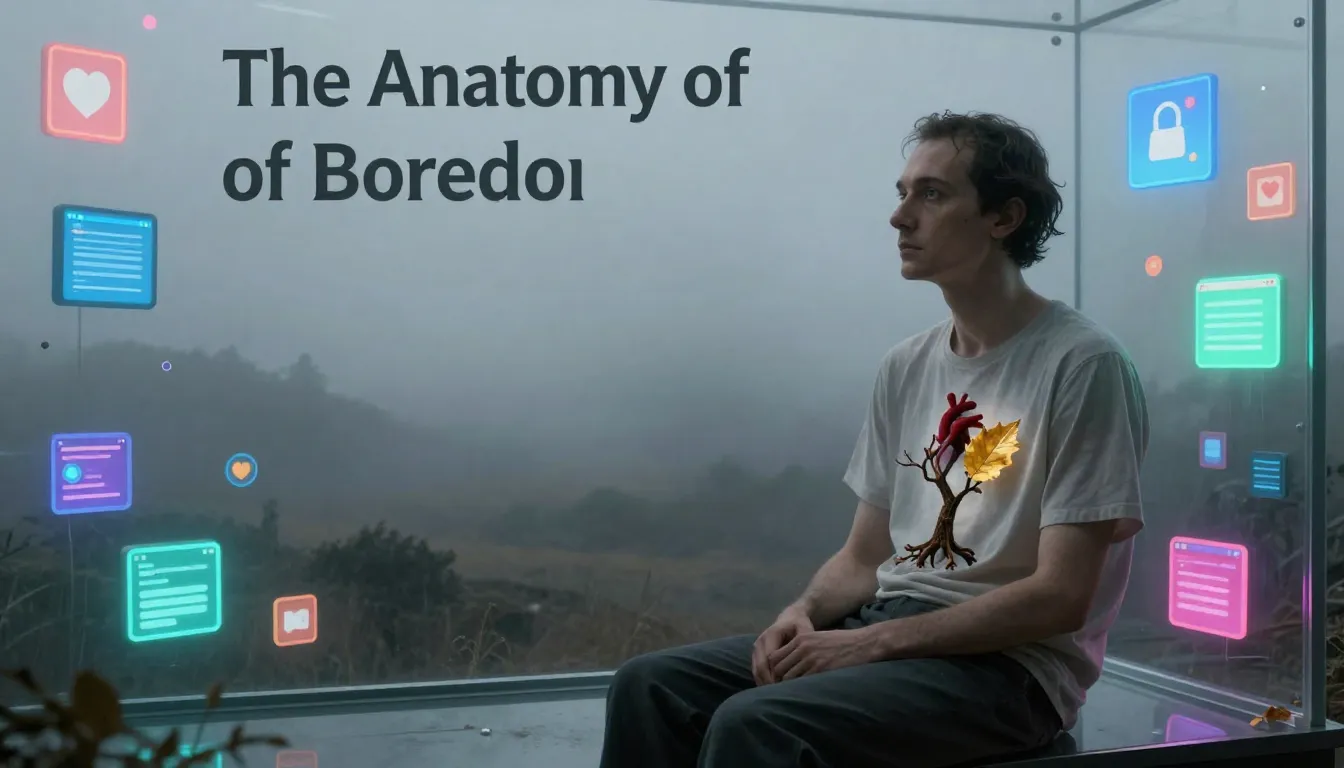 A surrealist digital art piece titled 'The Anatomy of Boredo...