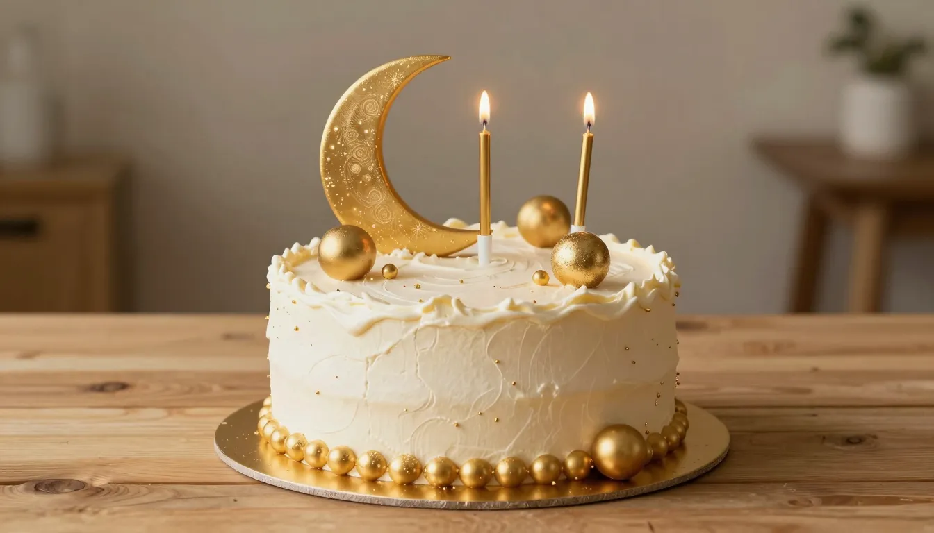 A luxury birthday cake with golden decorations and candles, ...