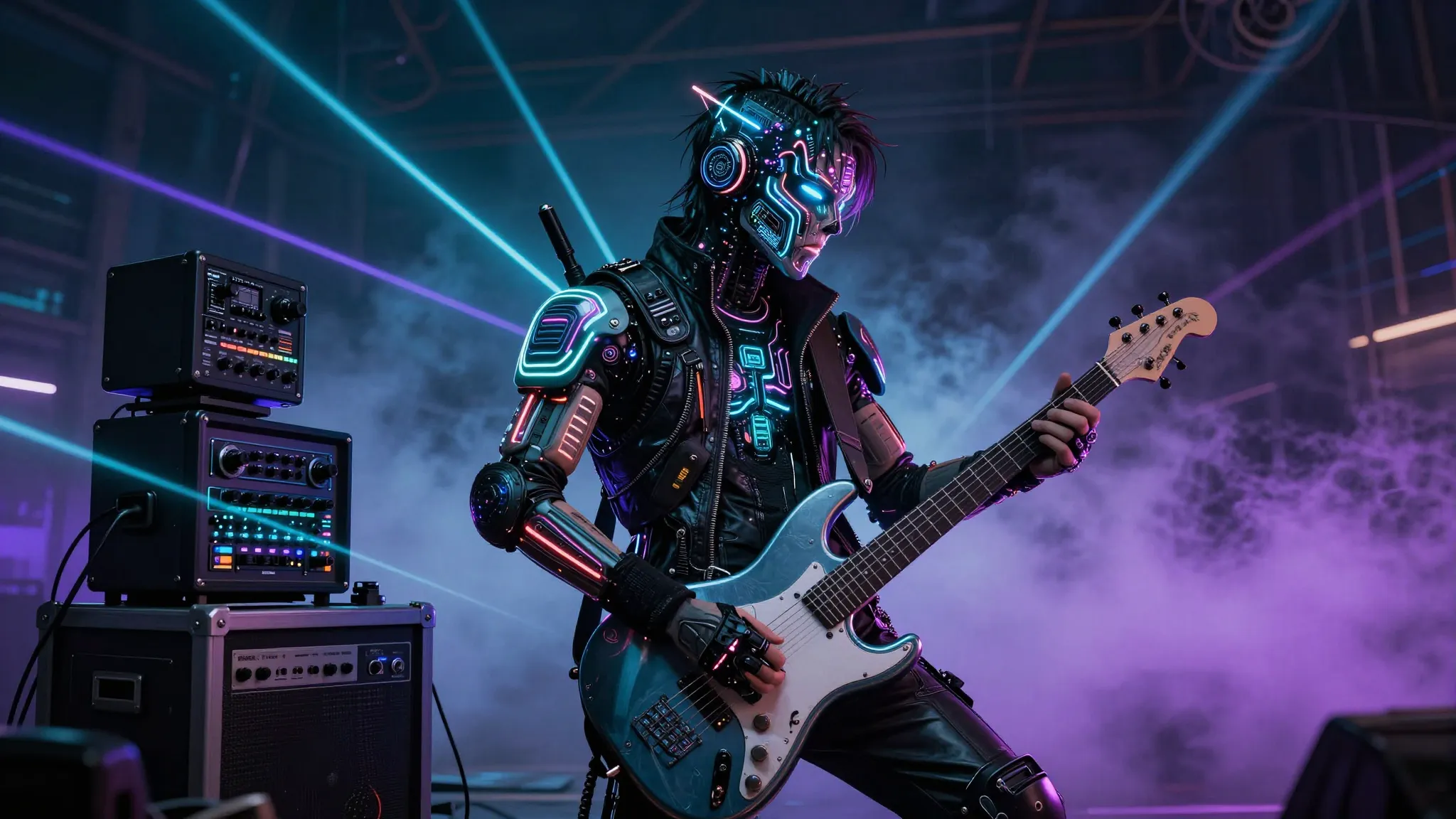 Futuristic cyberpunk concert, a performer with glowing neon ...