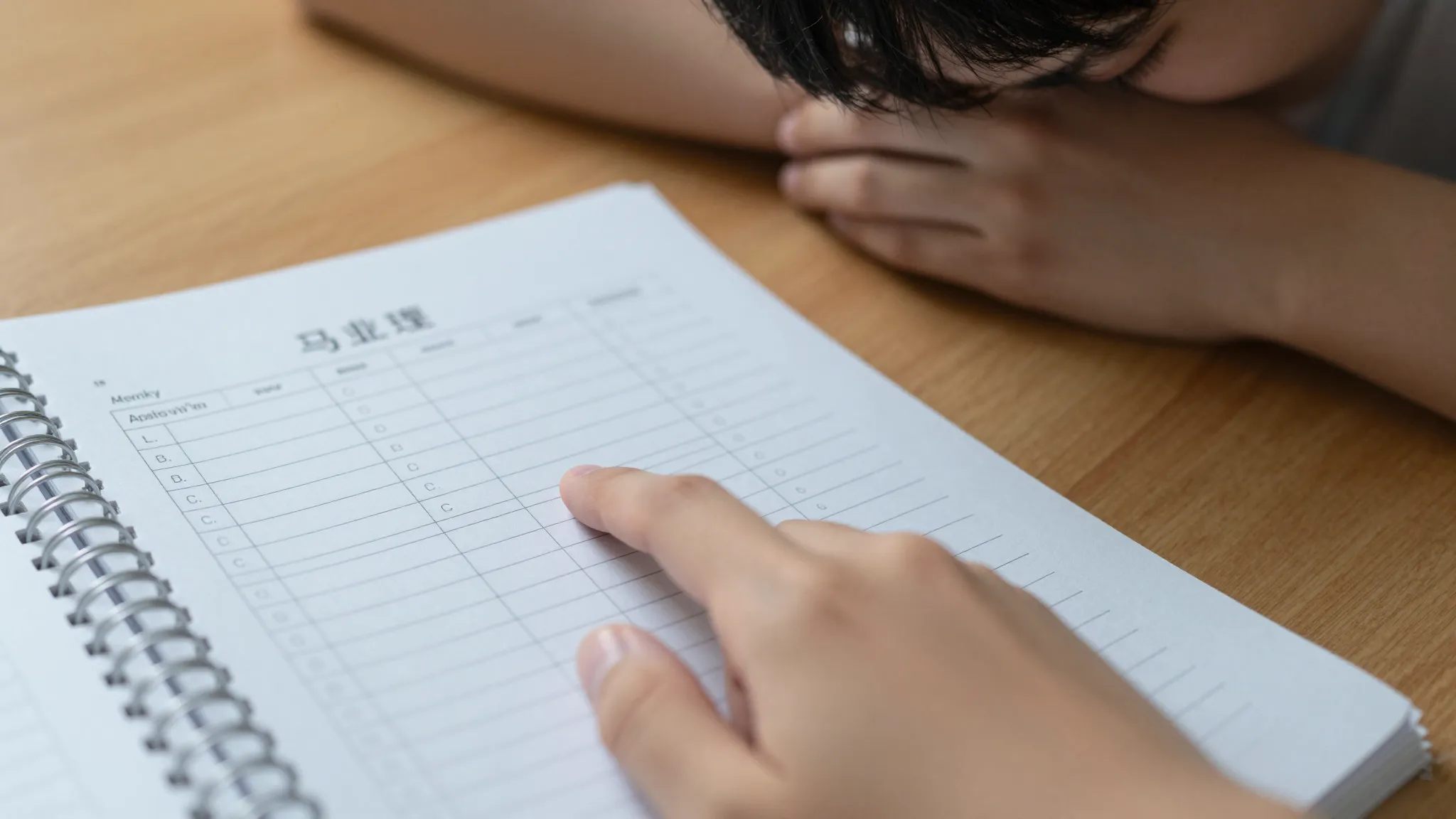 A close-up of a school grade book (journal) open on a wooden...