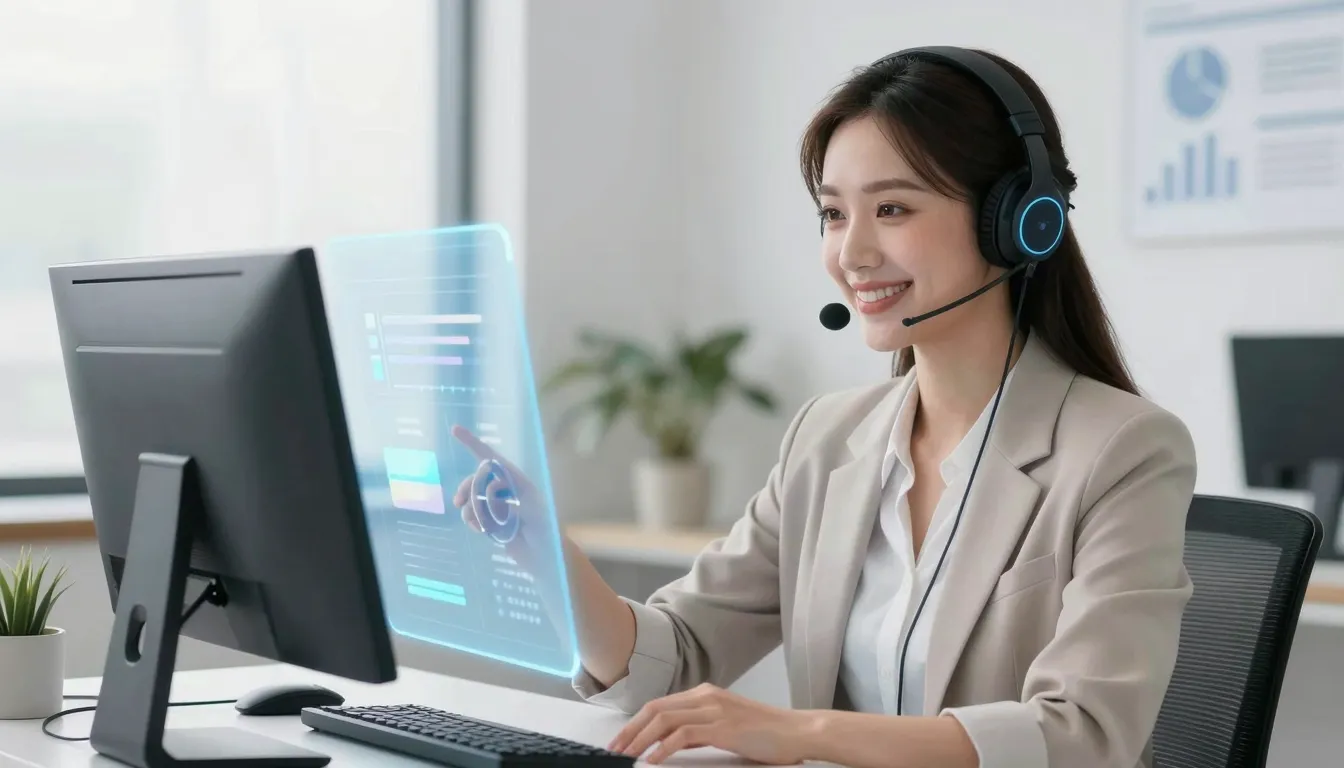 A friendly female AI assistant named Anna, smiling, helping ...