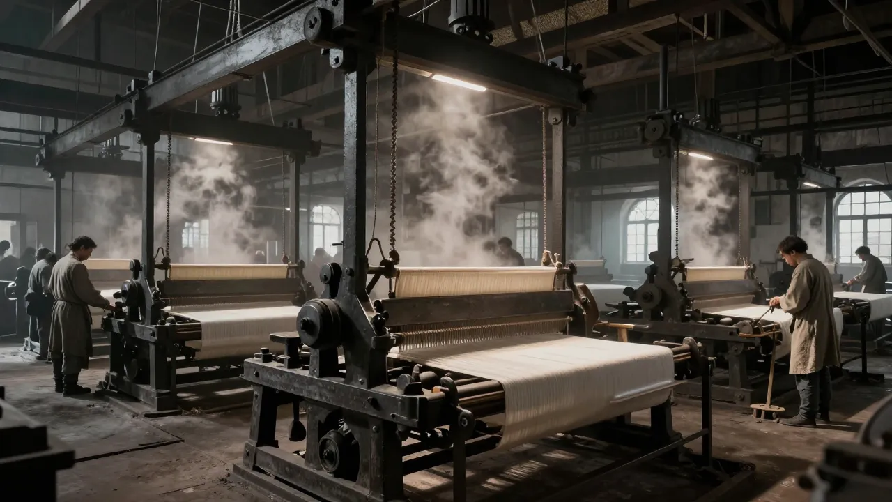 Hyper-realistic interior of a 19th-century textile manufacto...