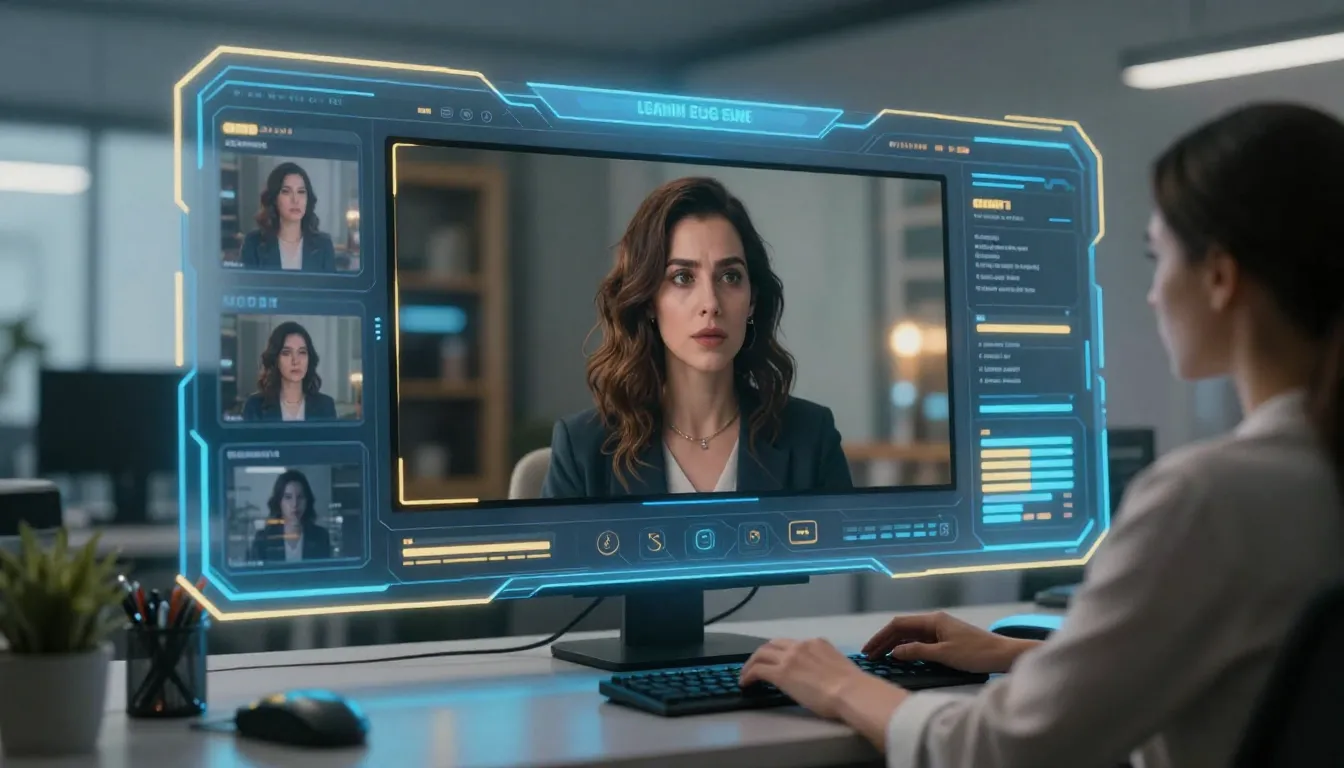 A futuristic digital interface showing a photo of a woman be...