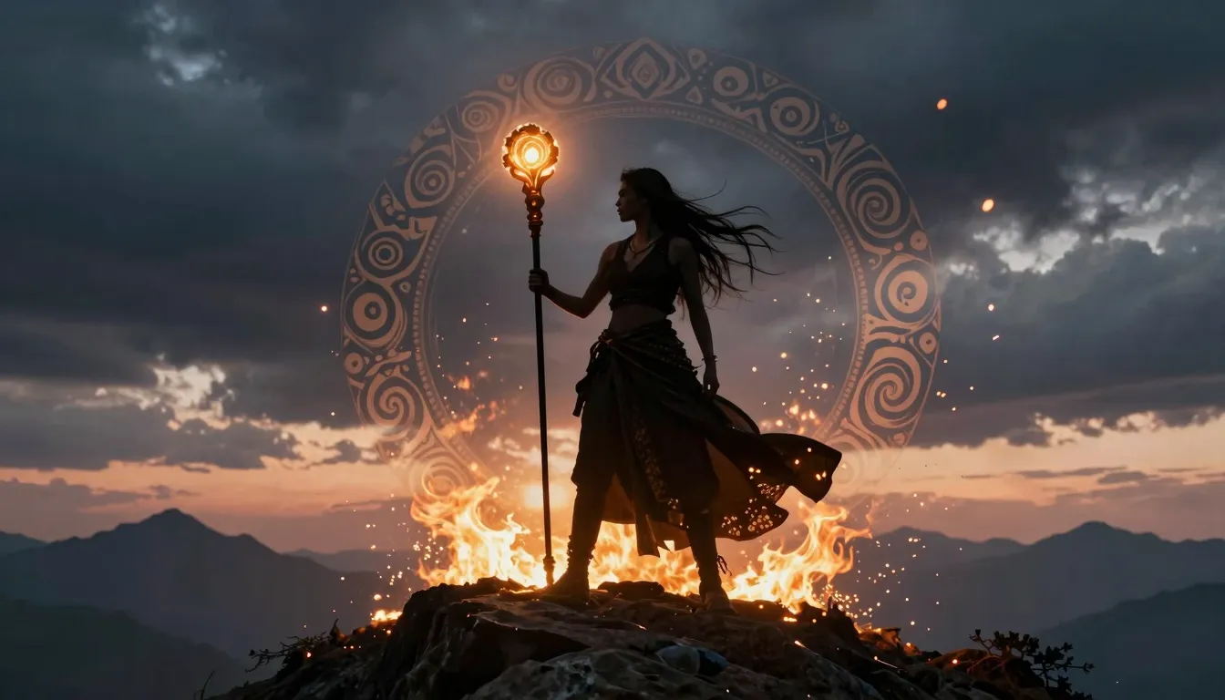 A silhouette of a strong woman standing on a mountain peak, ...