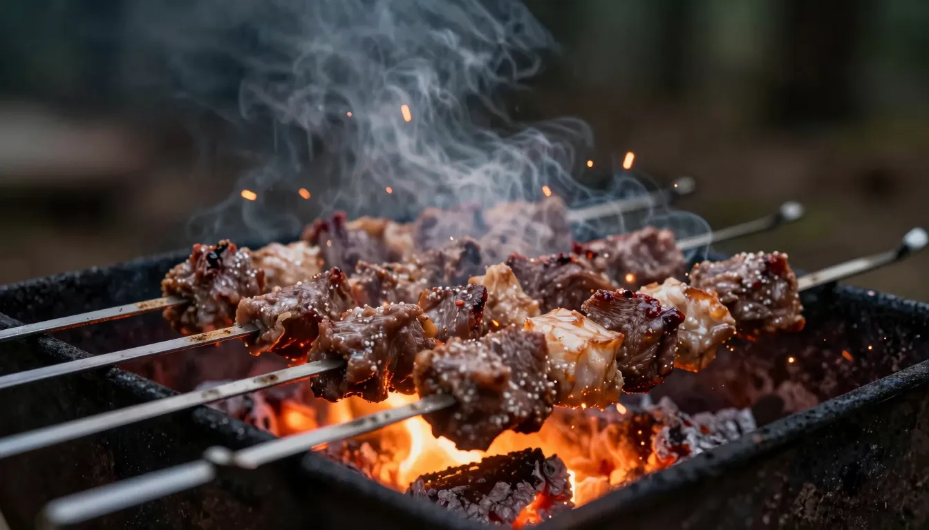 Close up of meat on skewers over glowing coals, sparks and s...