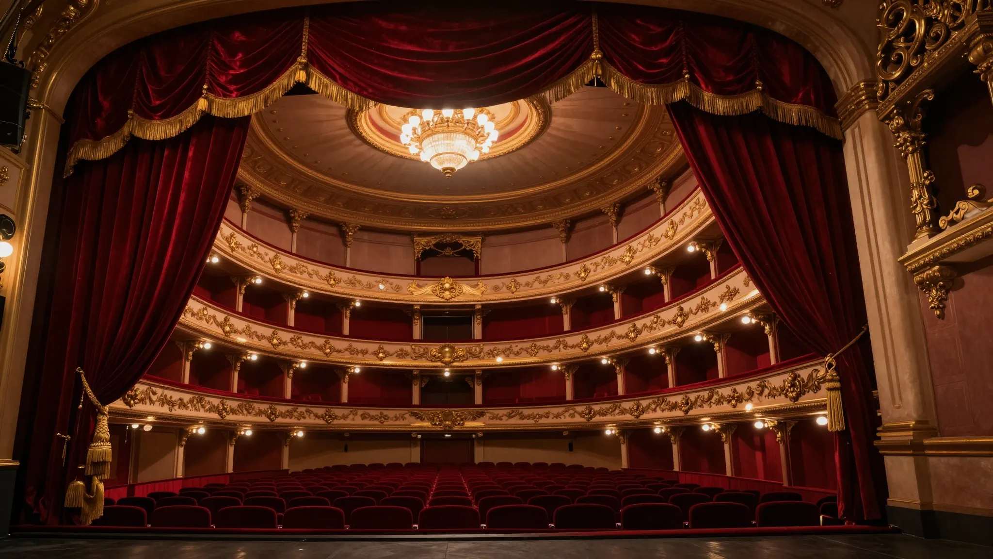 A grand theater interior with a heavy red velvet curtain par...