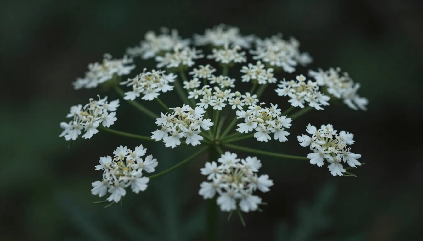 Artistic close-up of Conium maculatum, detailed white flower...