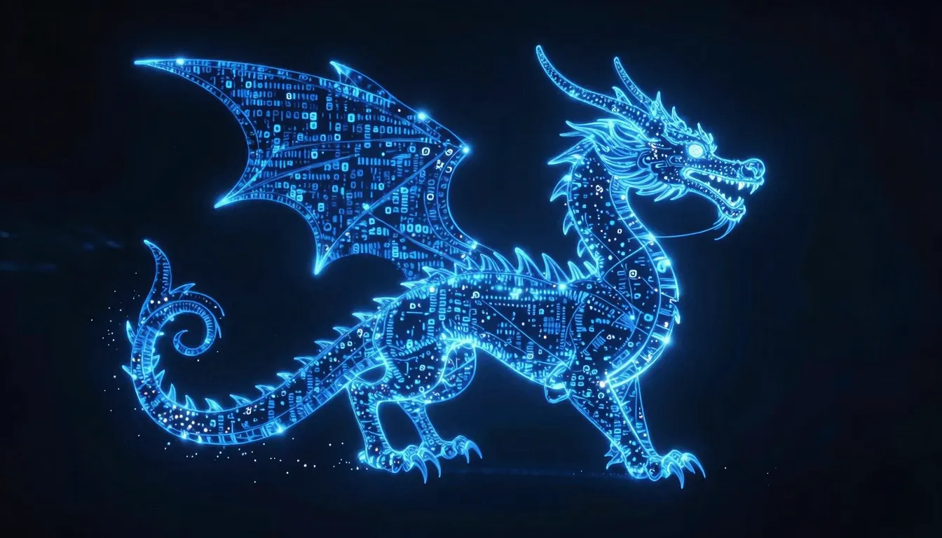 A mystical dragon silhouette formed by glowing blue lines of...