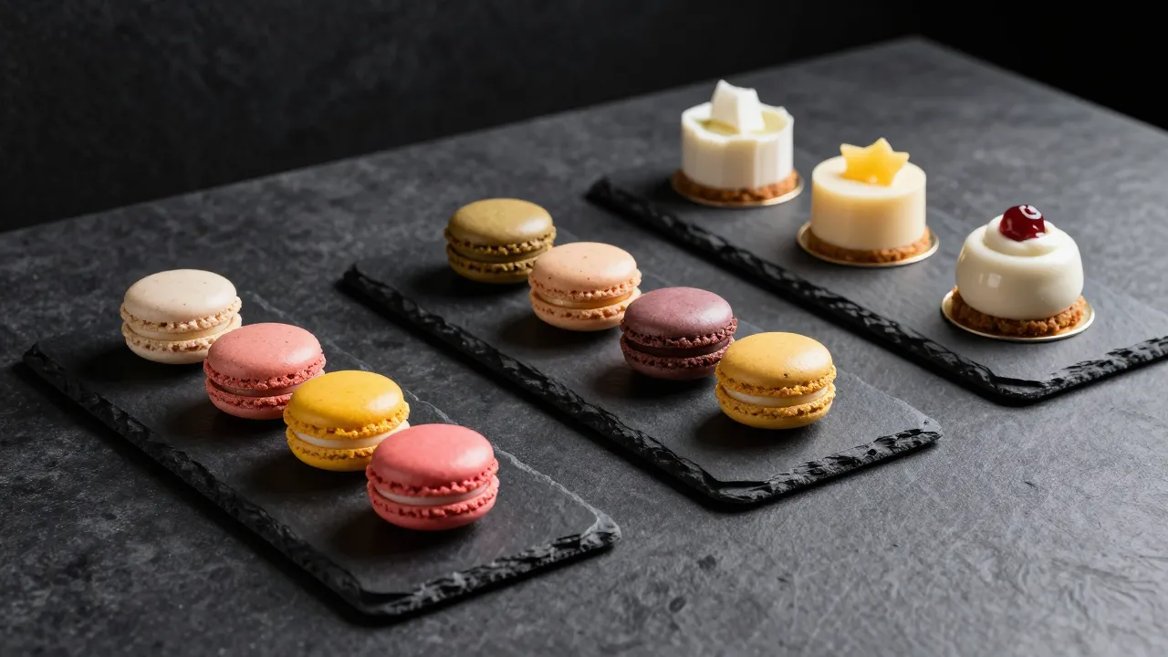Professional pastry display on dark slate trays, matte graph...