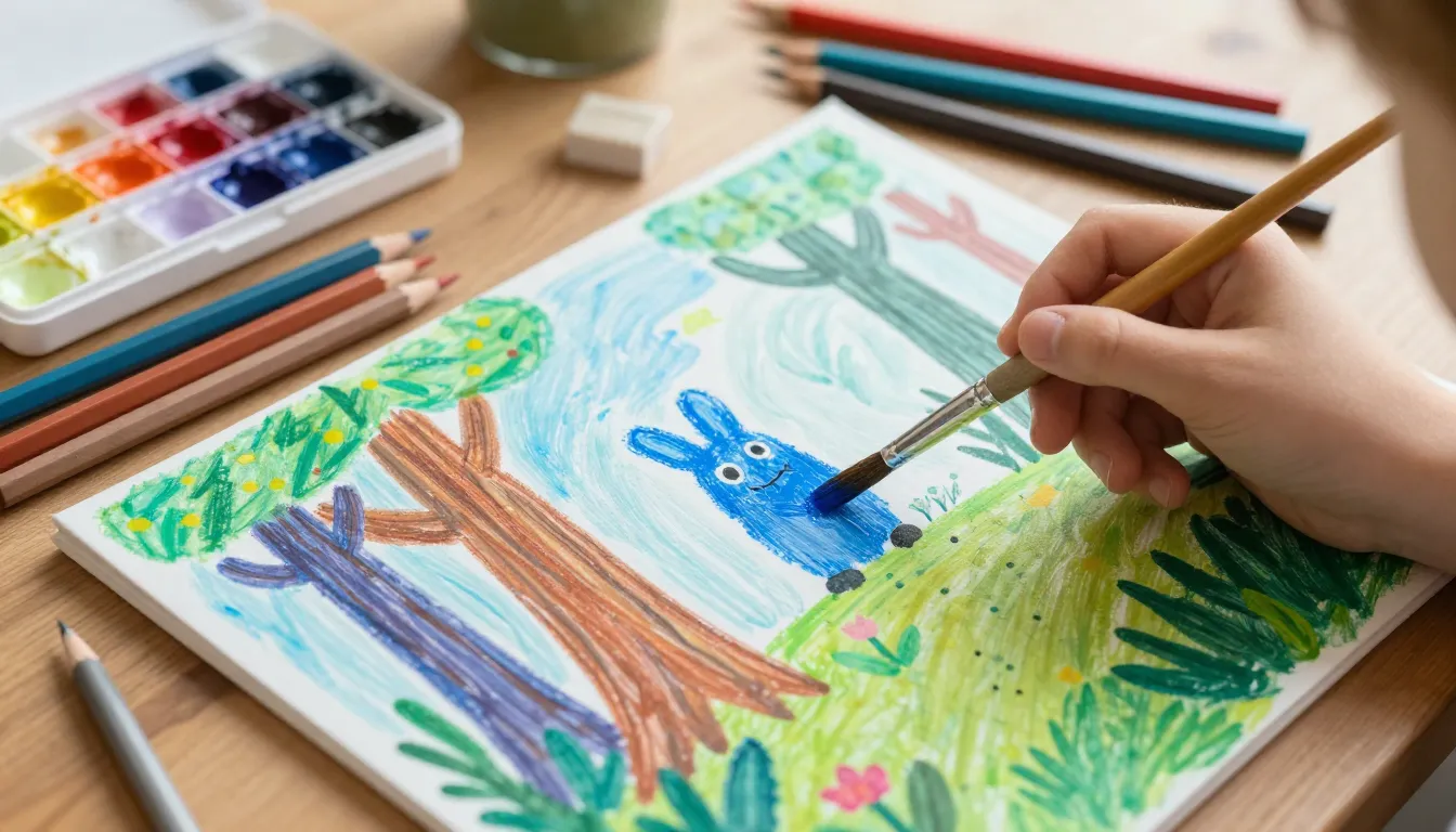 A close-up of a child's hand holding a paintbrush, adding a ...