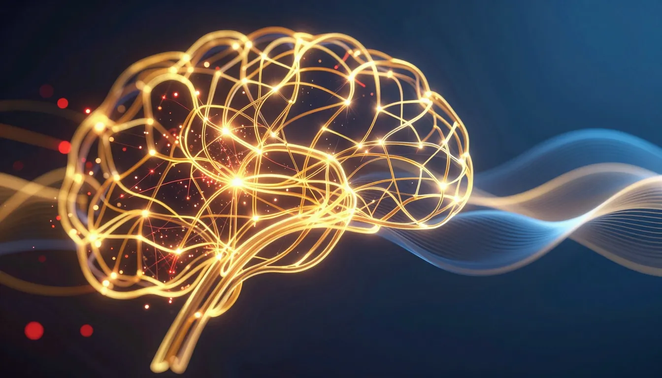 Abstract representation of neural pathways glowing with gold...