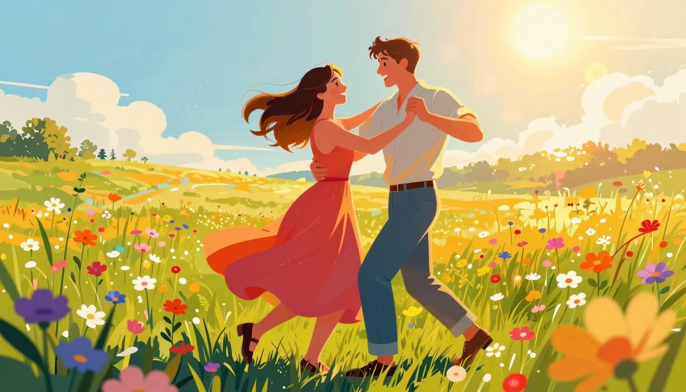A joyful couple dancing in a sunlit meadow filled with color...