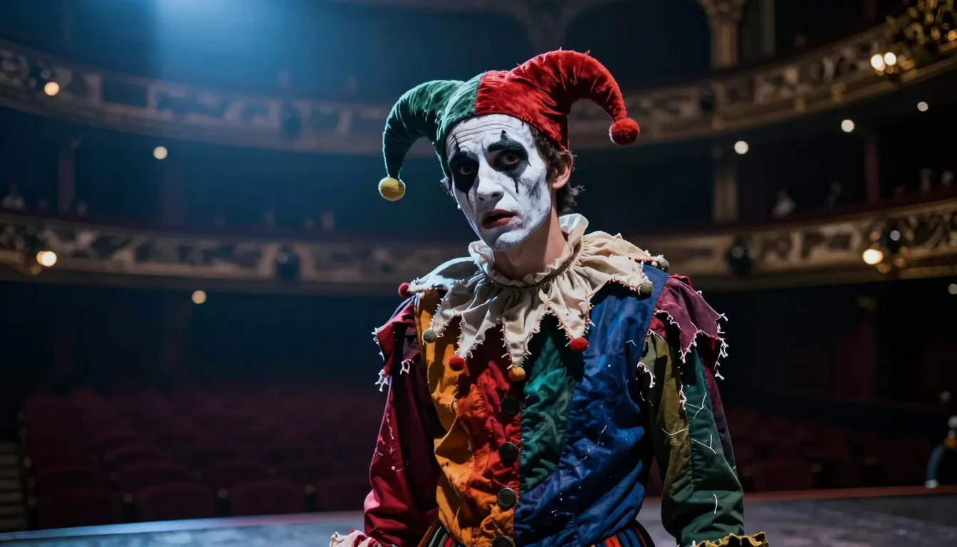 A cinematic close-up of a court jester in a dark, gothic the...