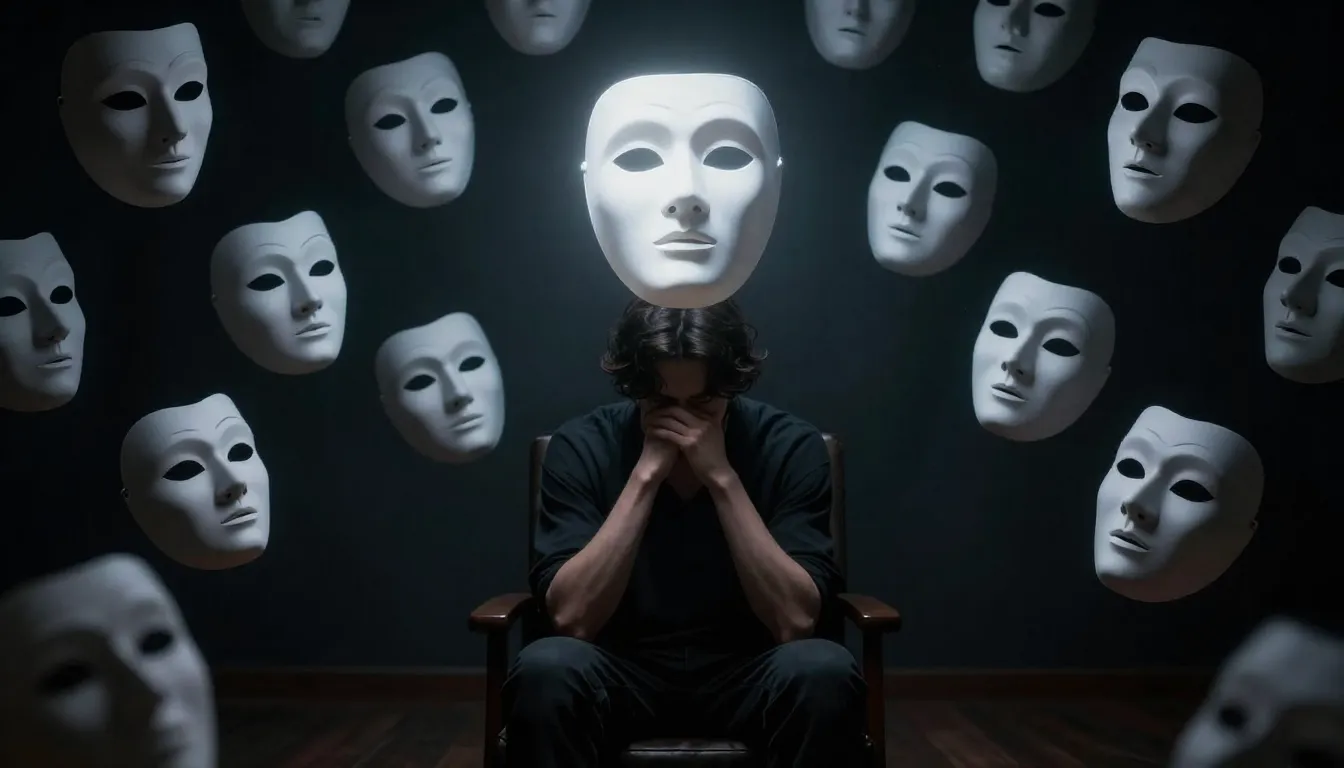 A dramatic scene of a person sitting in a dark room, surroun...