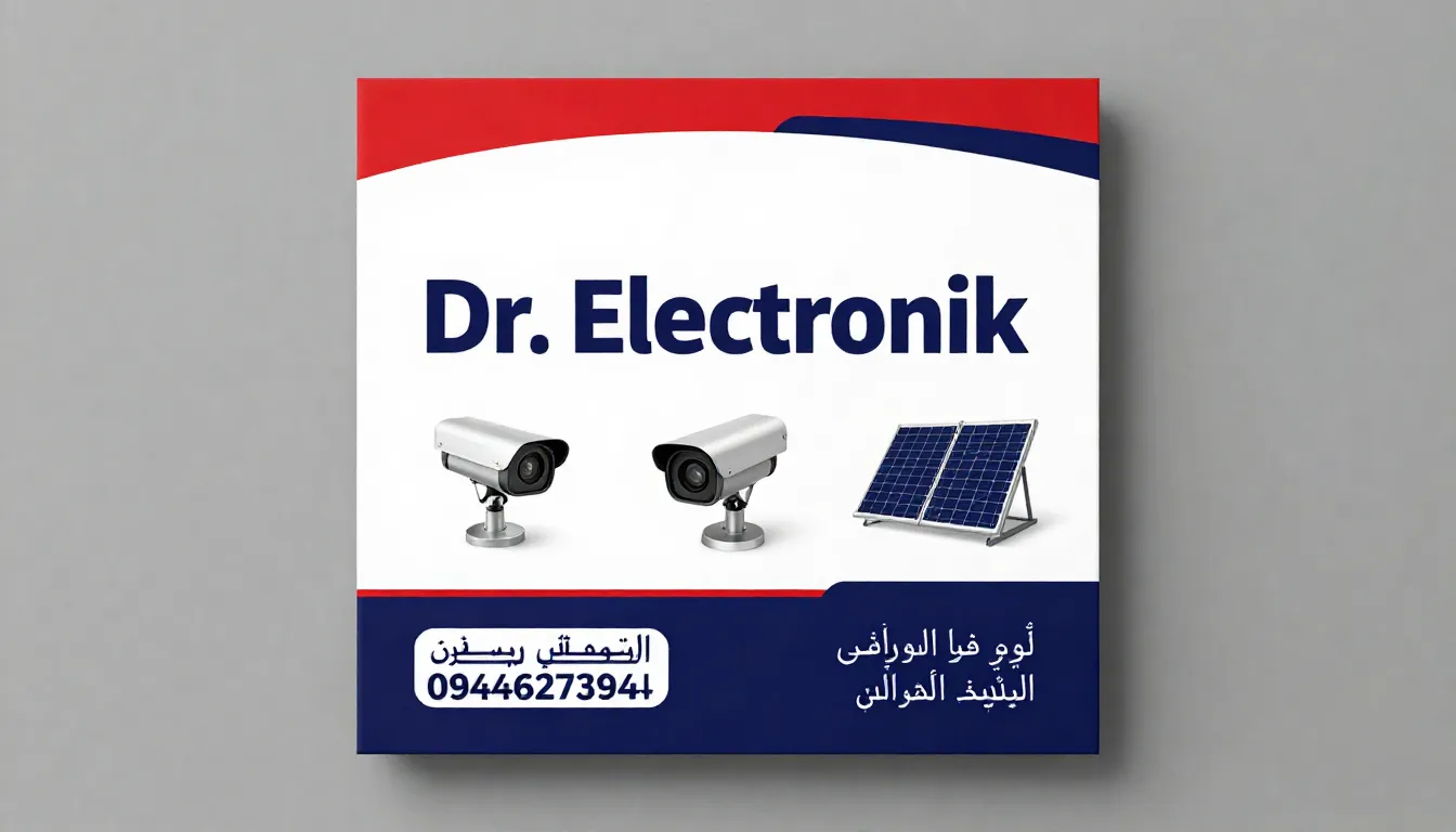 Horizontal business flyer. Central text 'Dr. Electronik' in ...