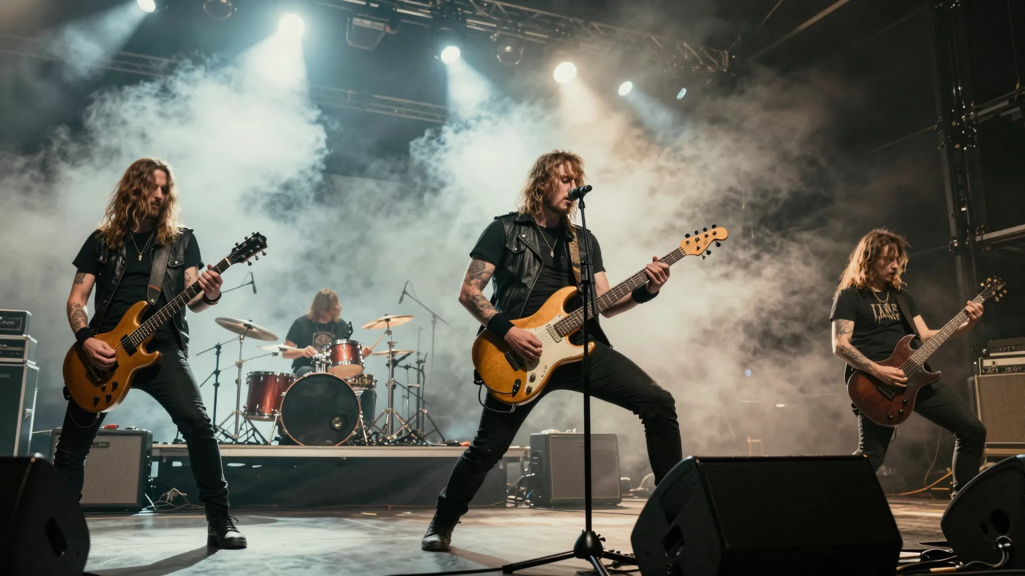 Professional cinematic shot of a rock band on stage during a...