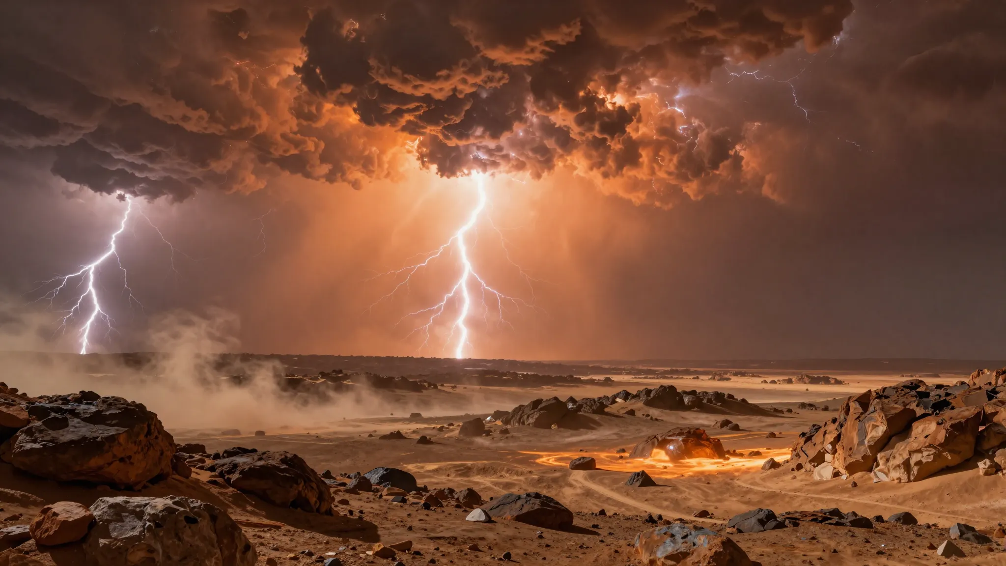 Dramatic view from the surface of Venus. Orange glowing sky ...