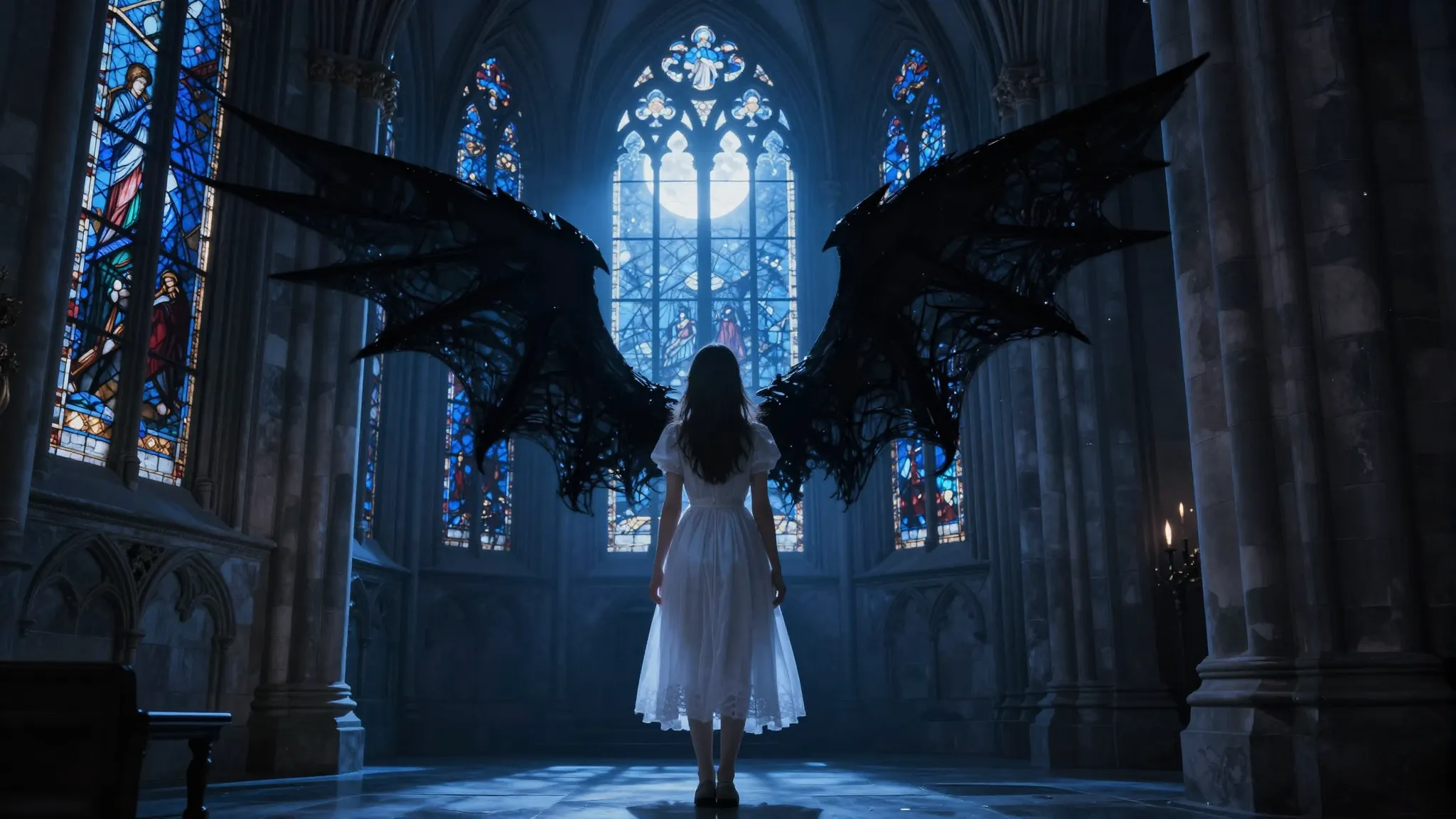 A cinematic shot of a gothic cathedral interior at night, bl...