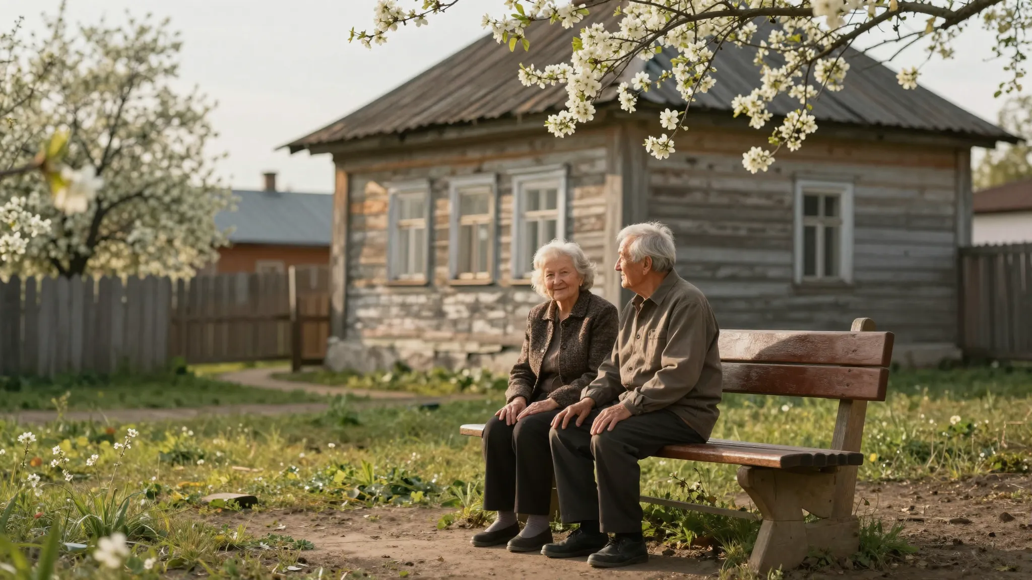 An elderly couple sitting on a wooden bench near an old trad...
