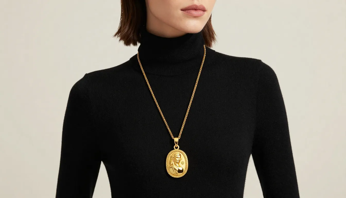 A stylish woman wearing a long 60 cm gold chain with a large...