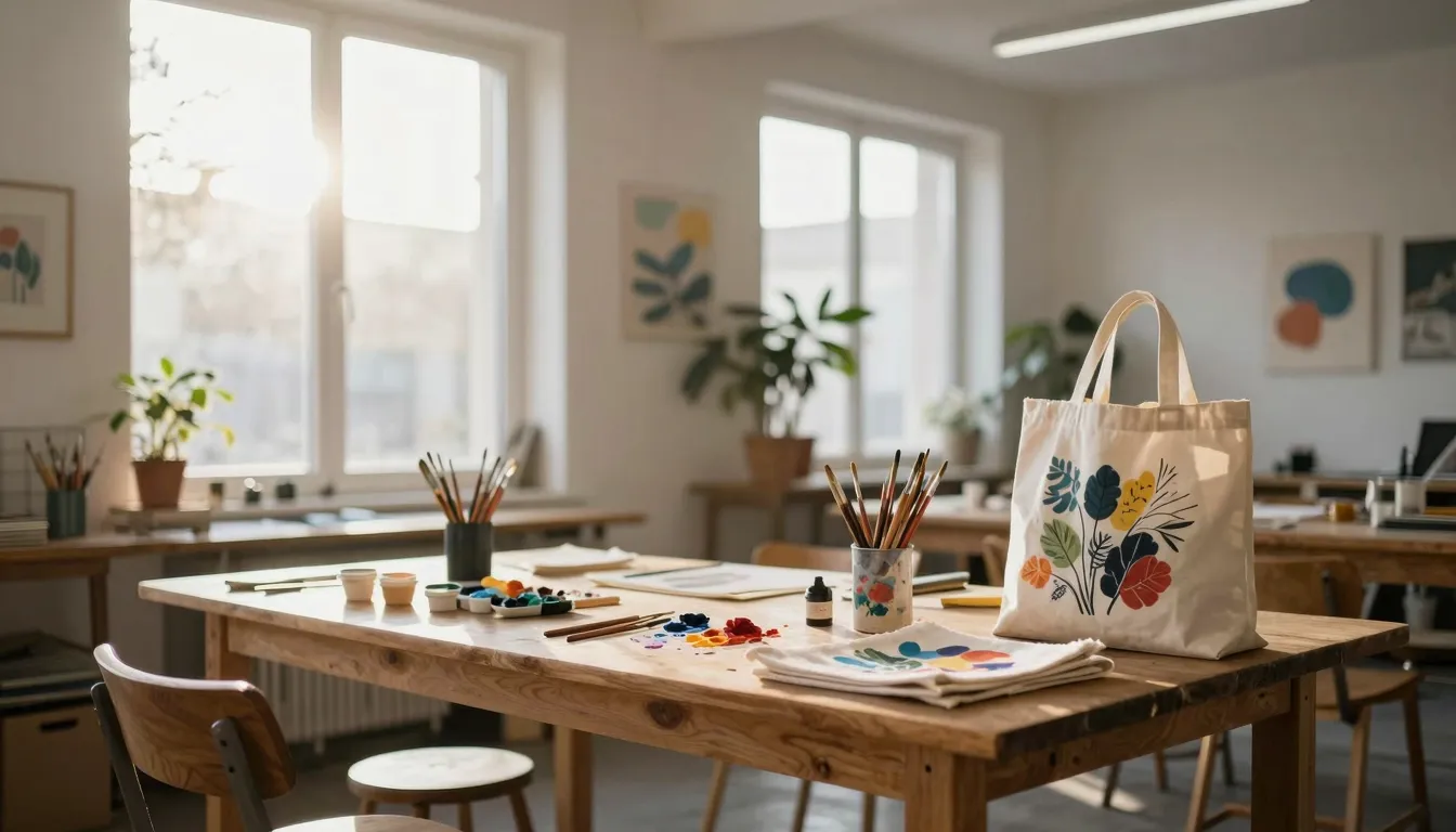 A cozy and bright art studio interior with large windows, wo...