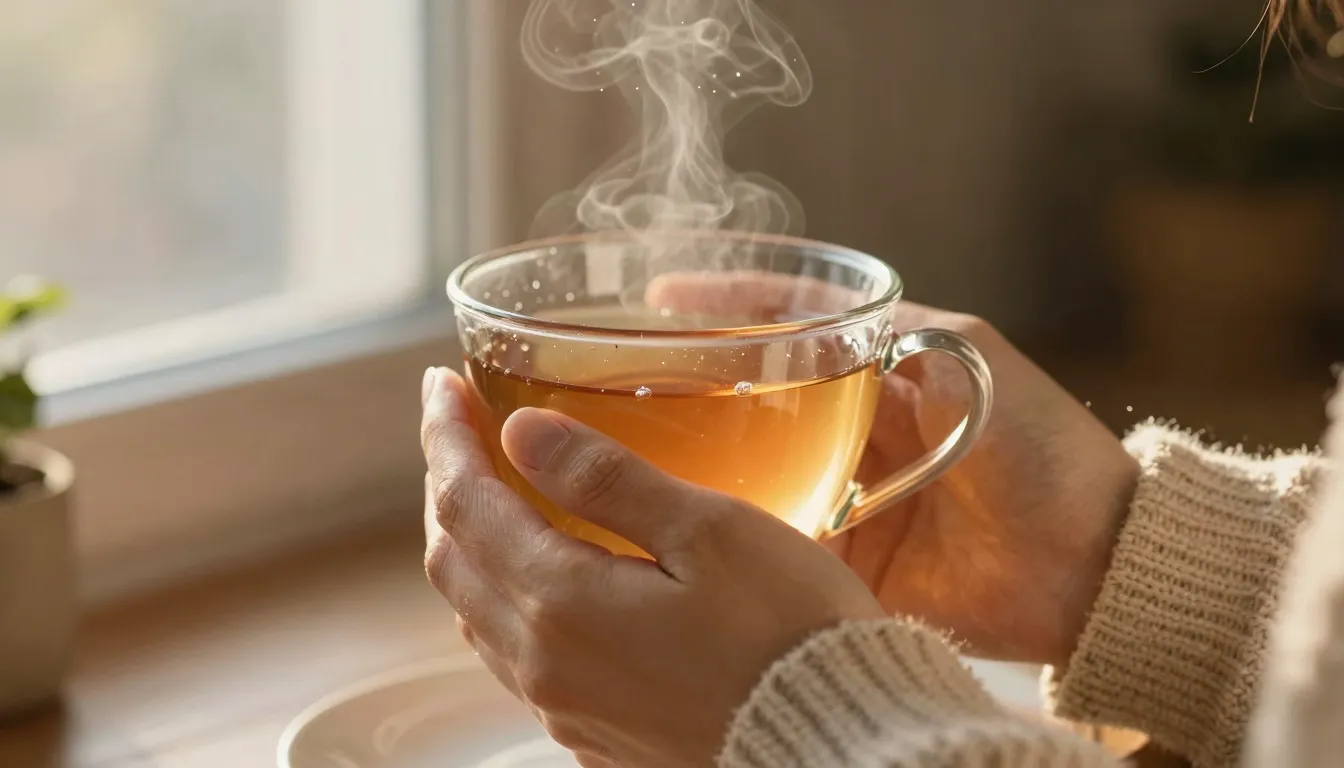 Close-up of hands holding a warm cup of tea, soft knitted sw...