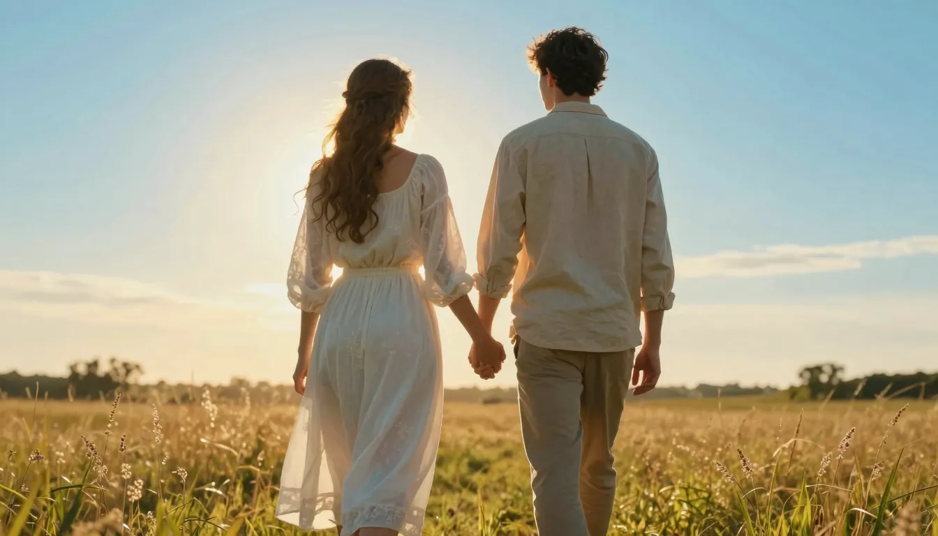 A cinematic shot of a couple walking hand in hand towards a ...