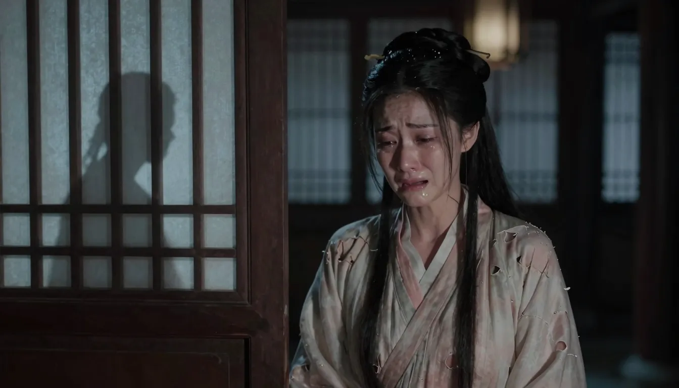 A distressed Chinese princess in torn silk robes crying sile...