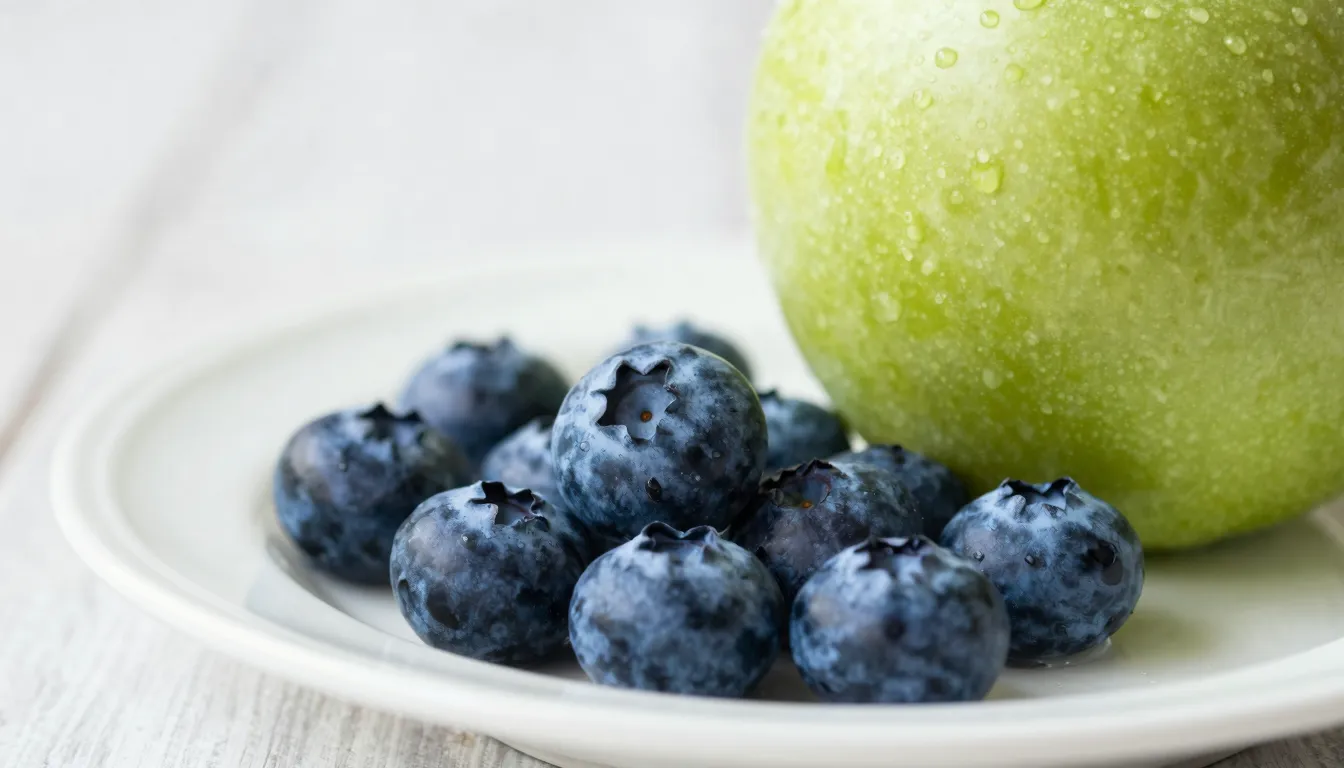 A fresh green apple and a handful of blueberries on a white ...