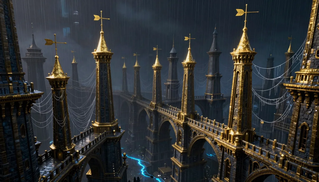 A mesmerizing, dark fantasy cityscape. Ancient stone bridges...