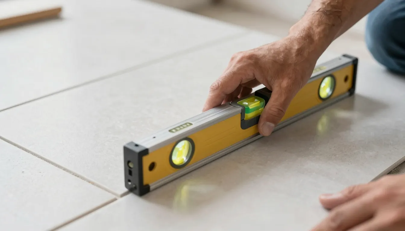Close-up of a professional tiler's hand using a leveling sys...