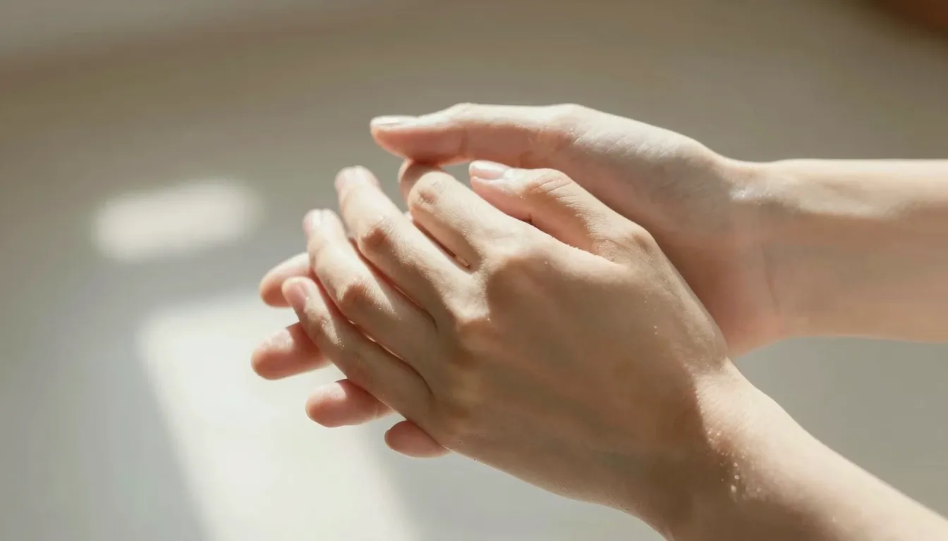 A close-up of two hands gently holding each other, soft warm...