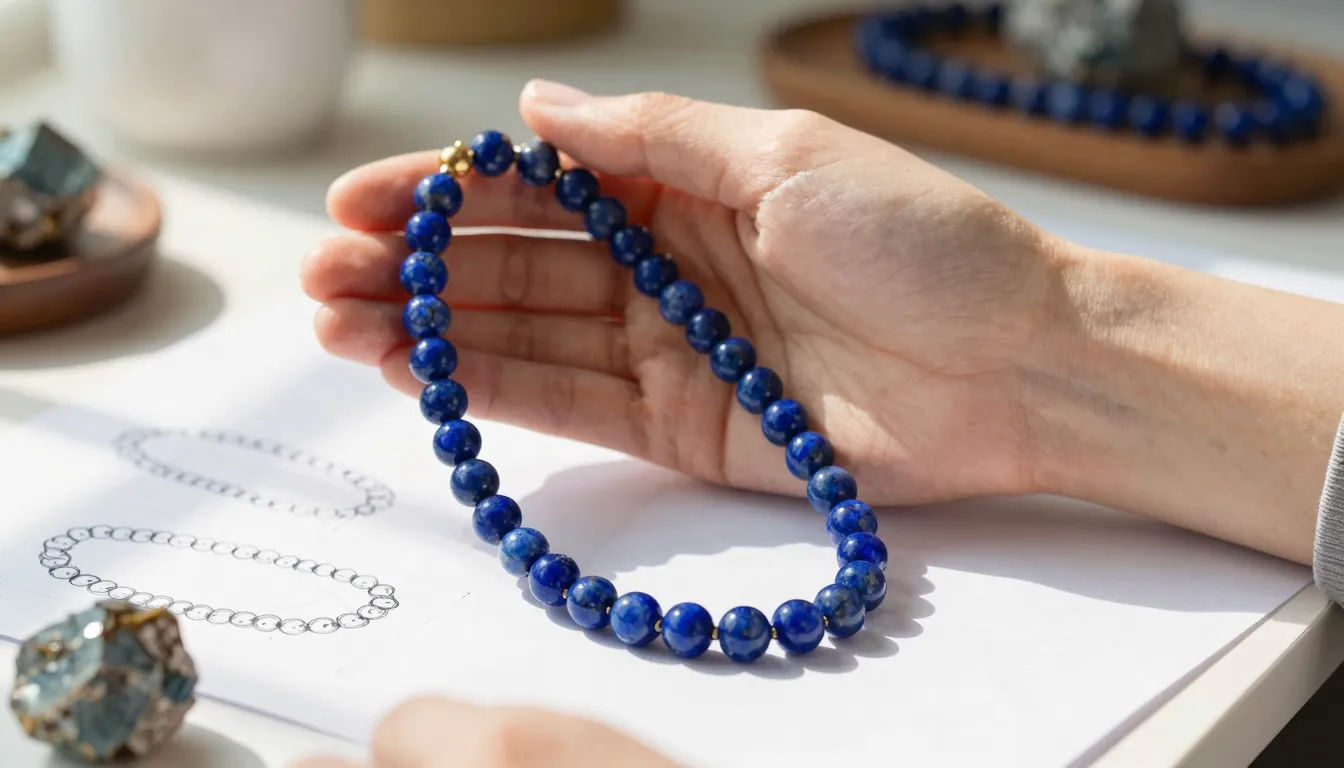 A close-up of a designer's hands holding a beautiful lapis l...