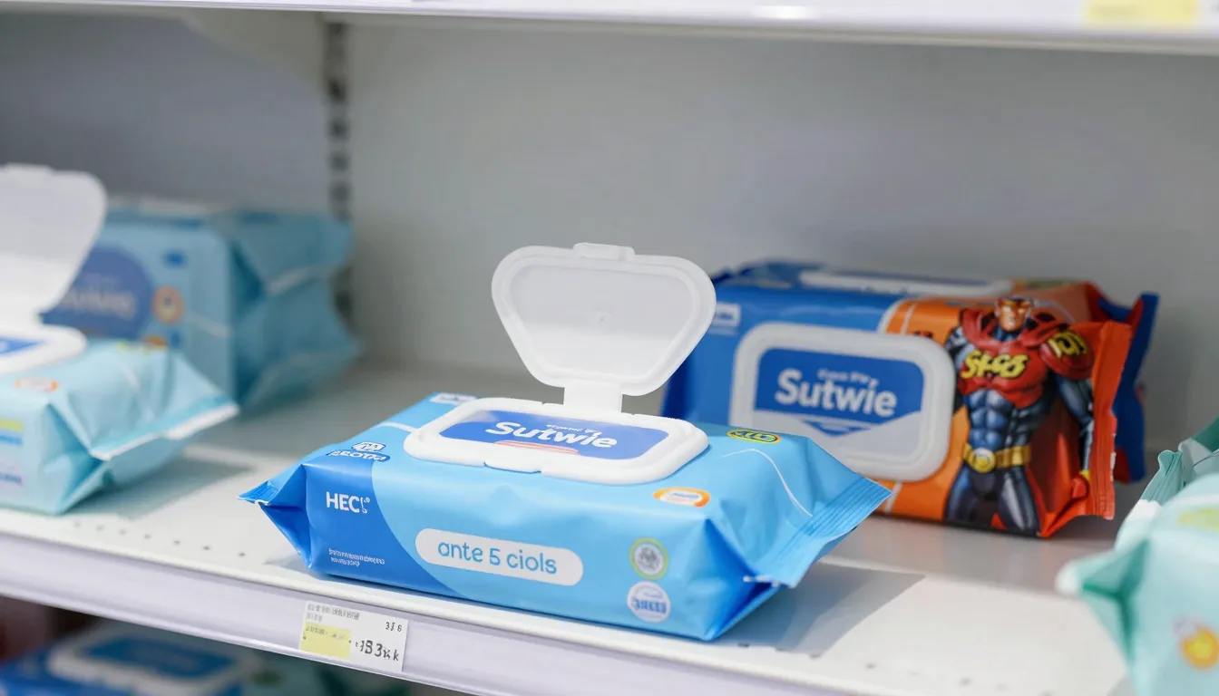 Two packs of wet wipes on a store shelf, one with a medical ...