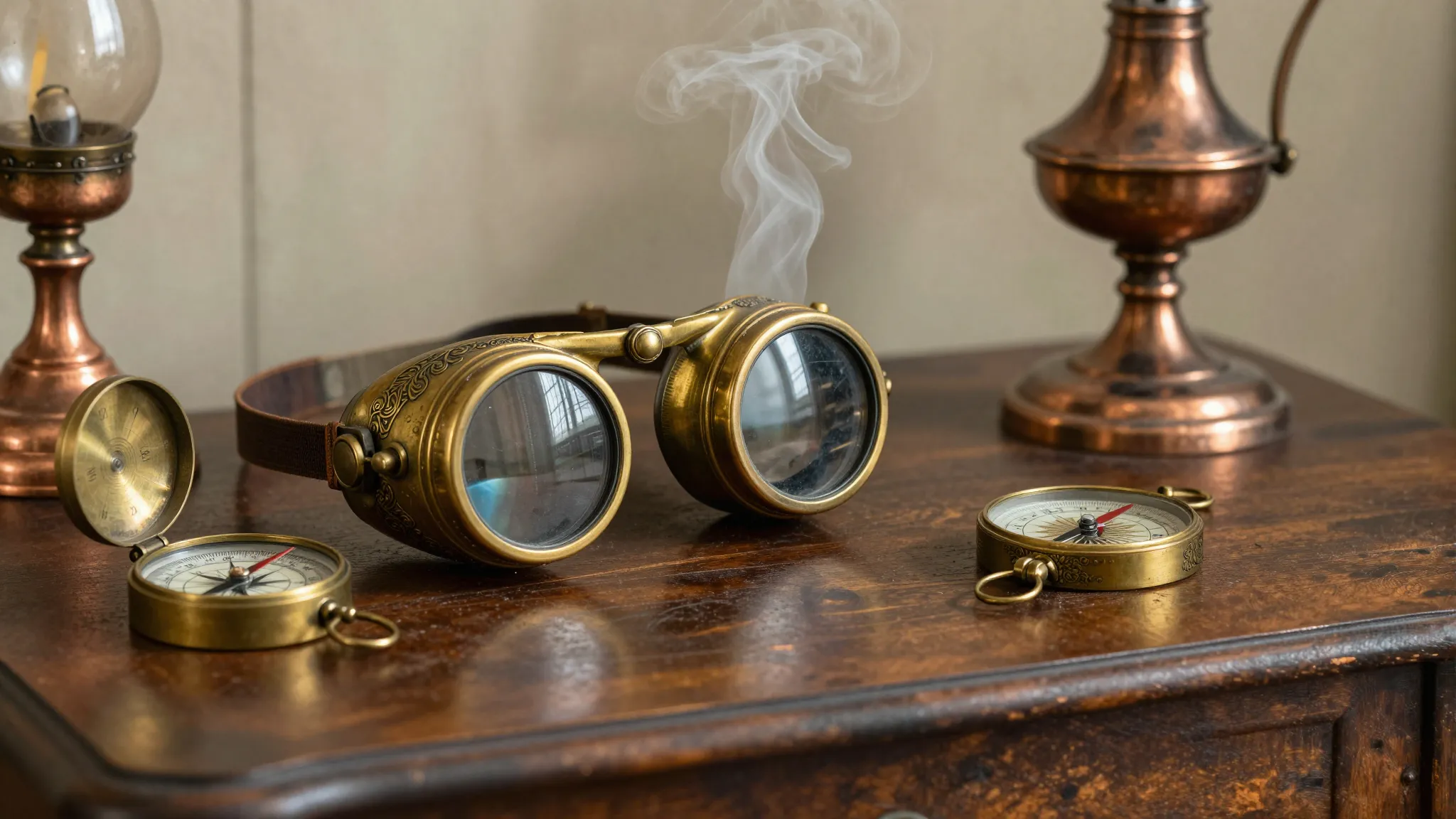 A Victorian explorer's desk, steampunk aesthetic, brass gogg...