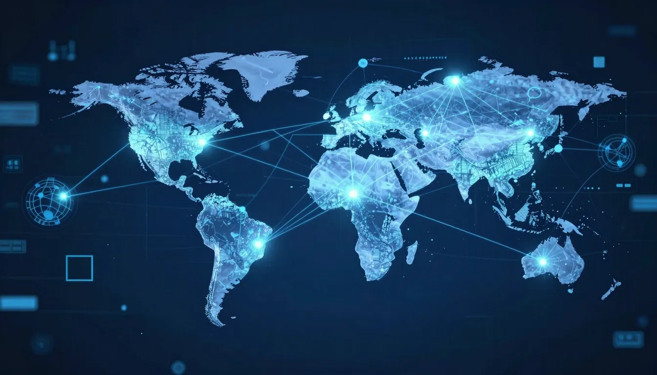 A high-tech digital network visualization with glowing blue ...
