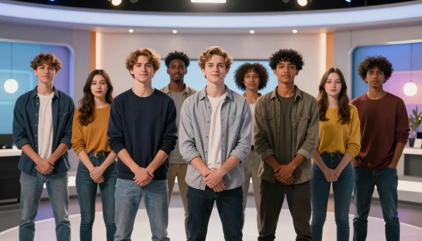 A cinematic shot of a diverse group of young, charismatic pe...