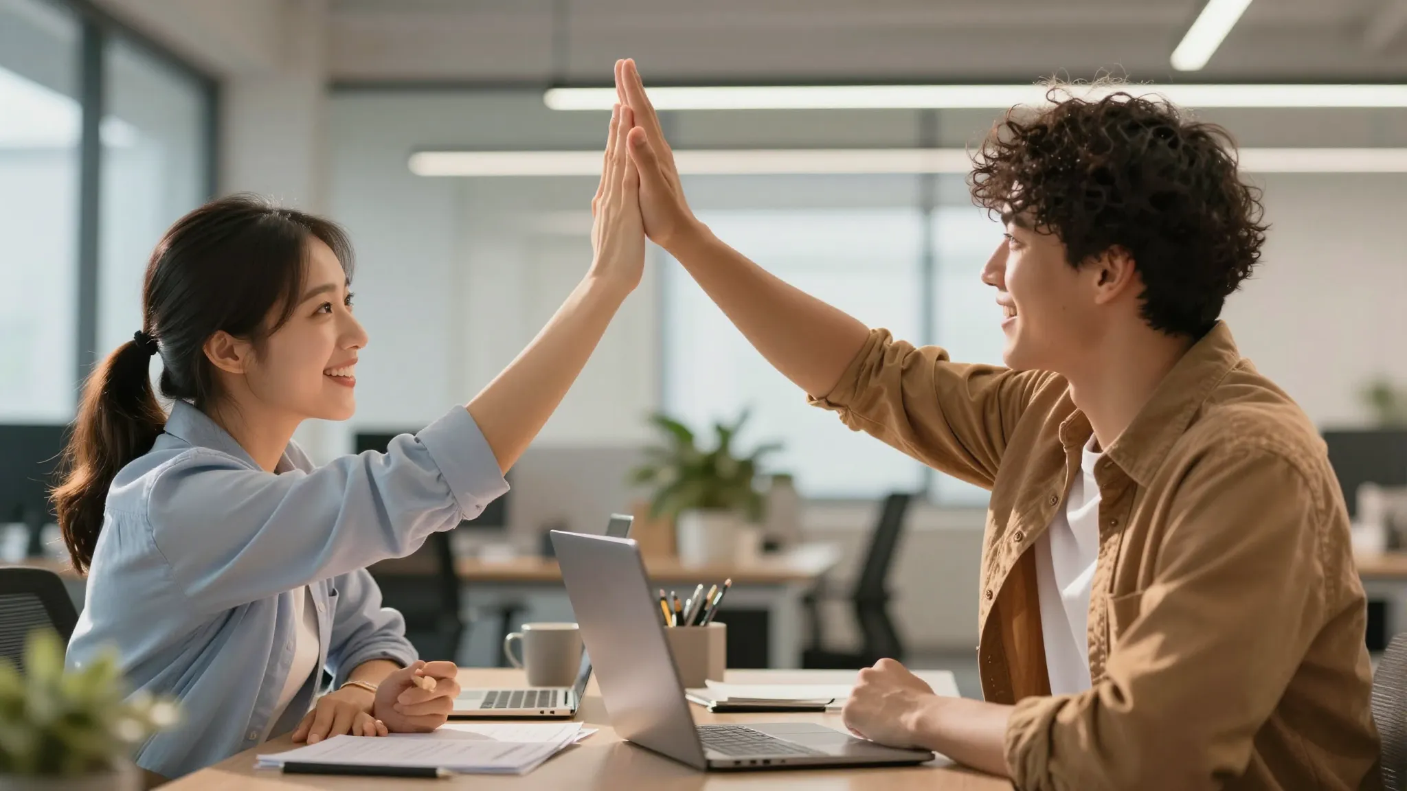 Two cheerful friends high-fiving in a modern office setting,...
