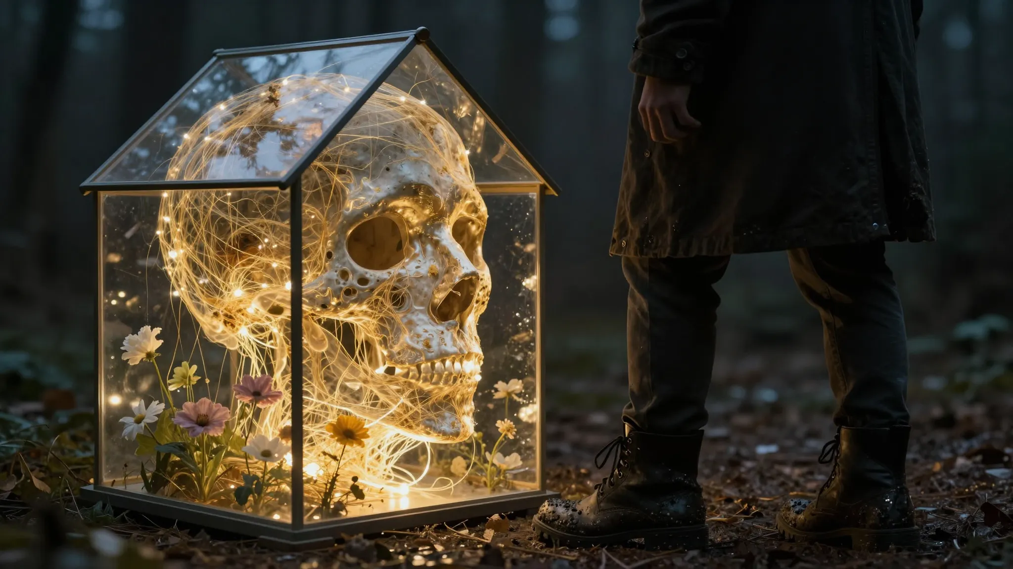 A surreal metaphor of a human soul as a fragile glass house ...