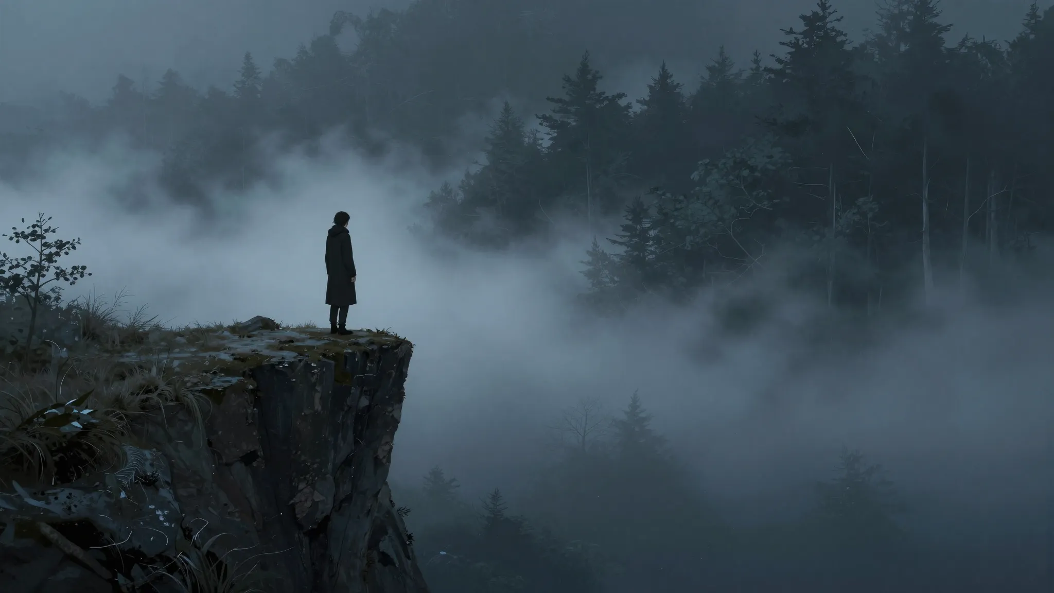 Melancholic atmosphere, a lonely figure standing on a cliff ...